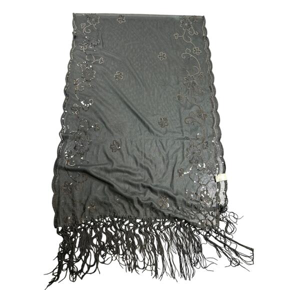 Whimsygoth- Black Semi Sheer Shawl- Tassel- sequin floral design- preowned - Picture 5 of 8